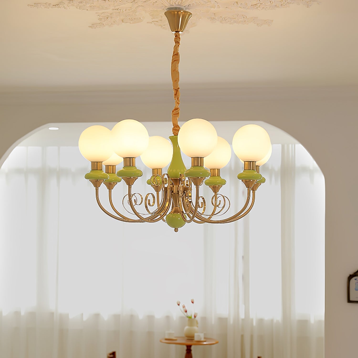 Lustra Chandelier Green Shades Gold Curved Arms - Letslighting