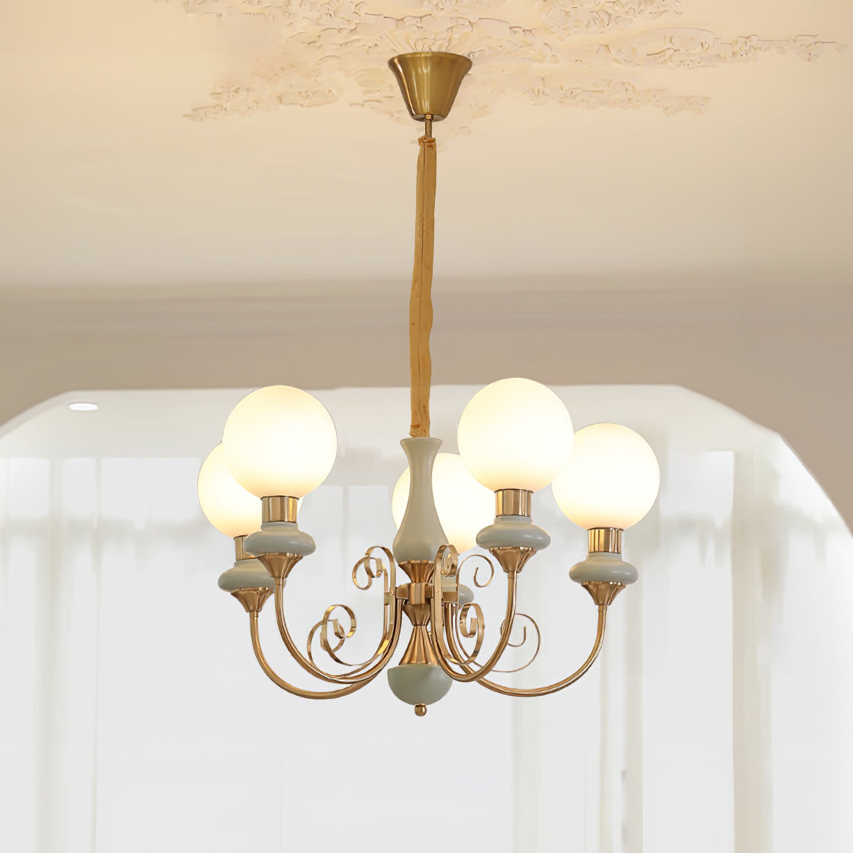 Lustra Chandelier Green Shades Gold Curved Arms - Letslighting