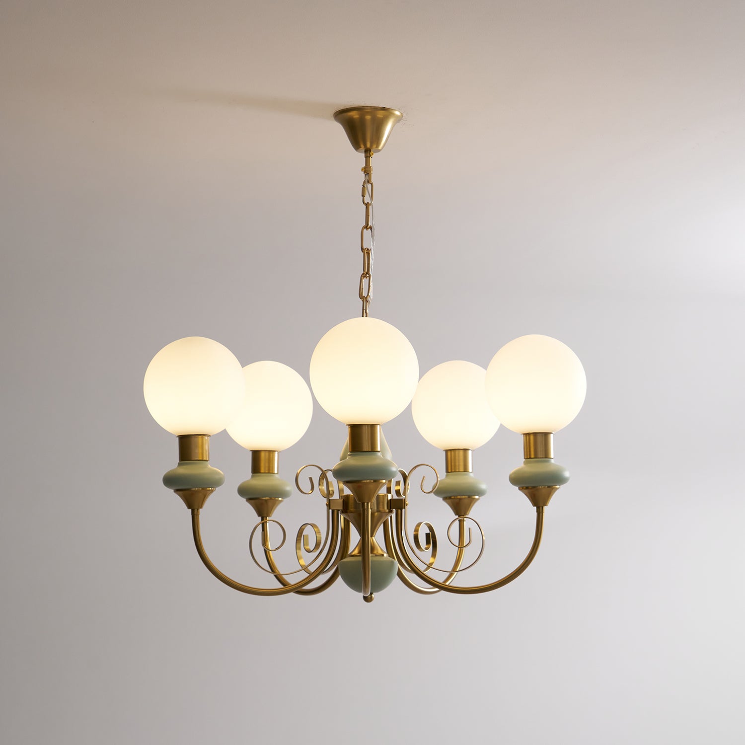 Lustra Chandelier Green Shades Gold Curved Arms - Letslighting