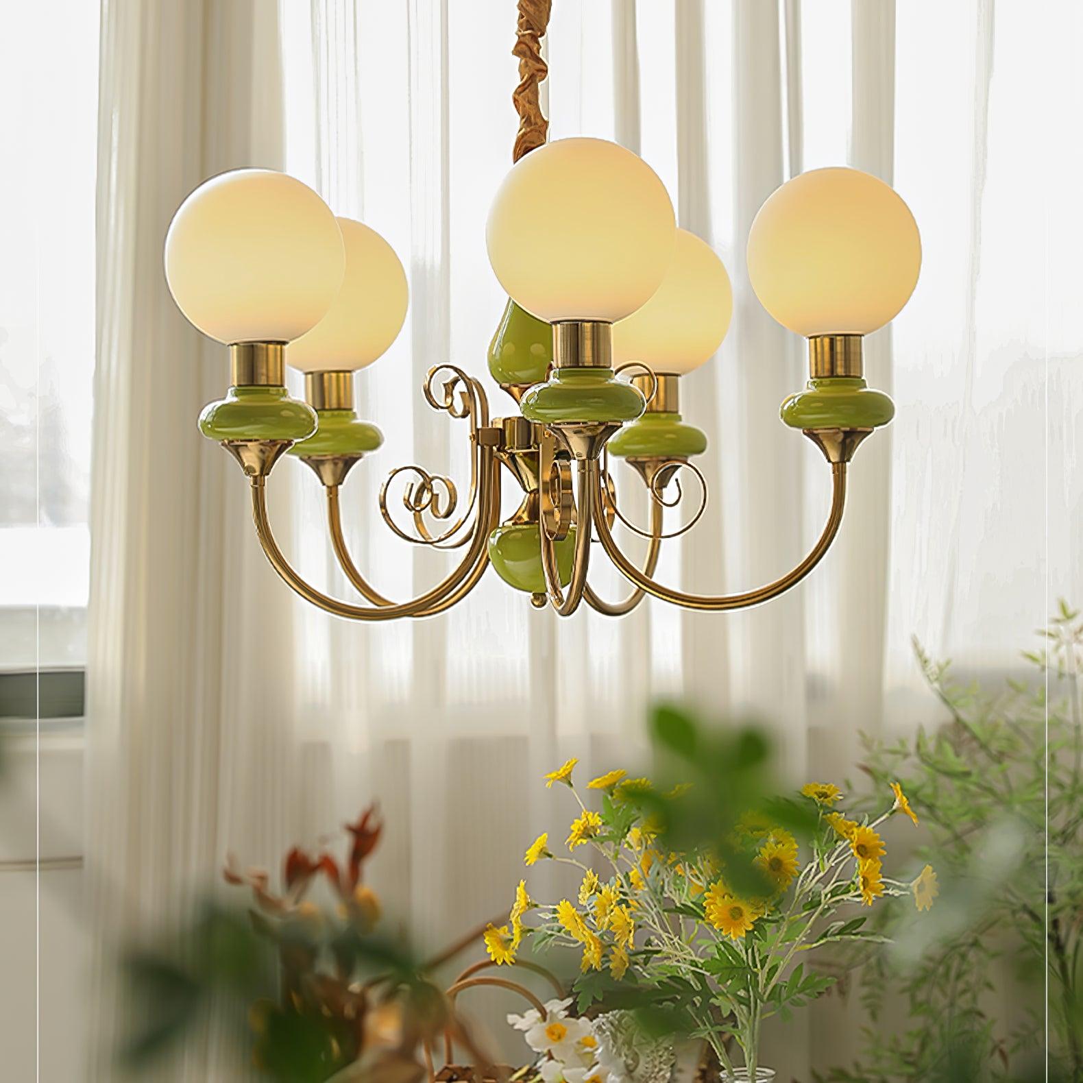 Lustra Chandelier Green Shades Gold Curved Arms - Letslighting