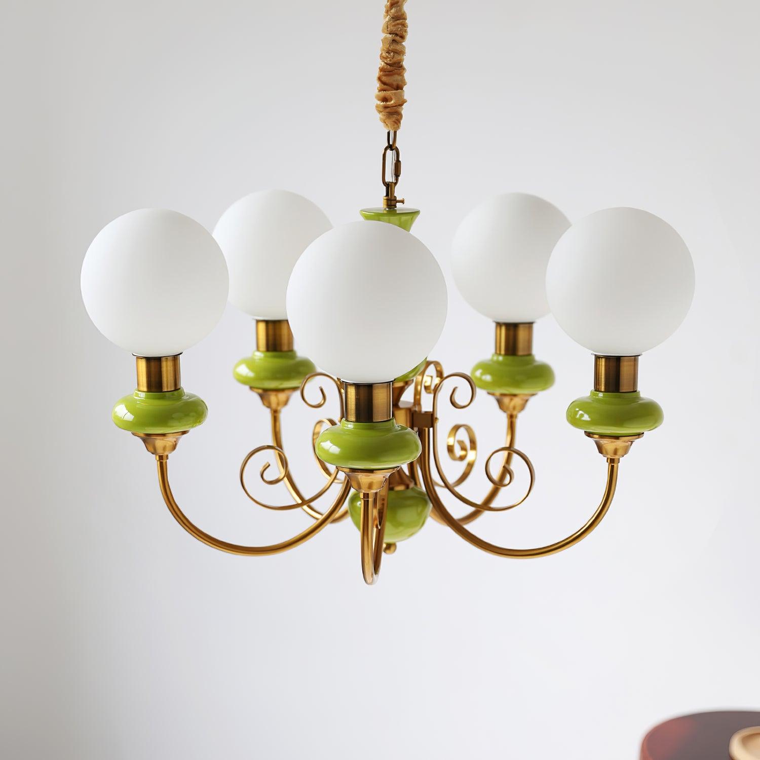 Lustra Chandelier Green Shades Gold Curved Arms - Letslighting