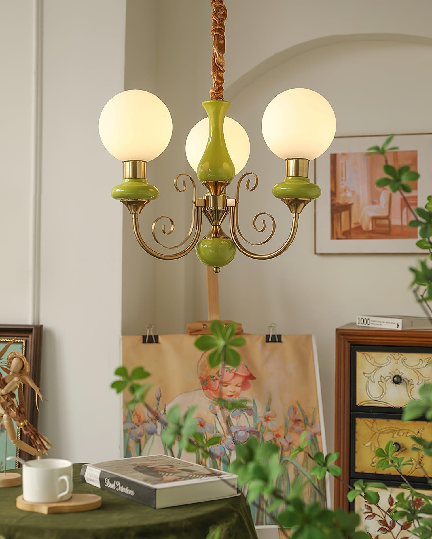 Lustra Chandelier Green Shades Gold Curved Arms - Letslighting