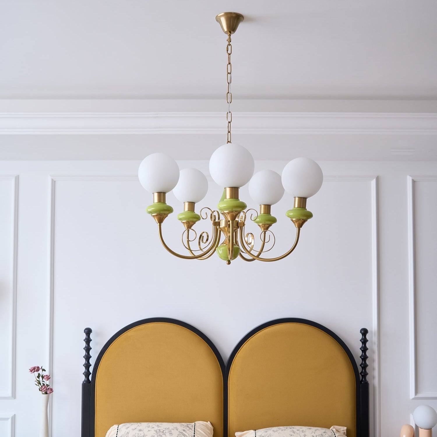 Lustra Chandelier Green Shades Gold Curved Arms - Letslighting