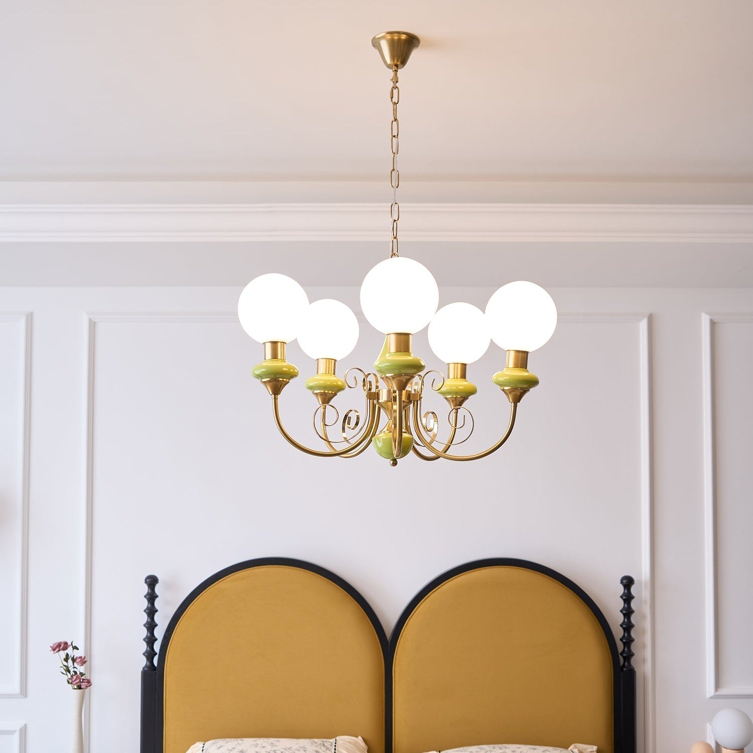 Lustra Chandelier Green Shades Gold Curved Arms - Letslighting