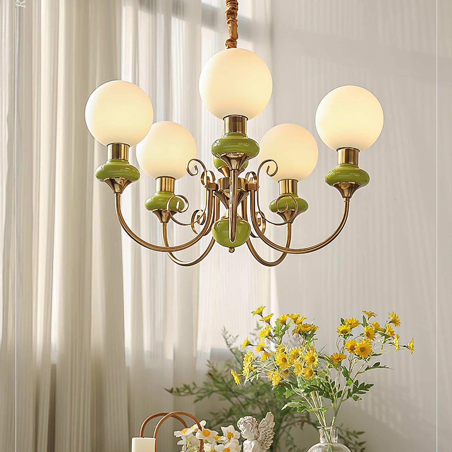 Lustra Chandelier Green Shades Gold Curved Arms - Letslighting
