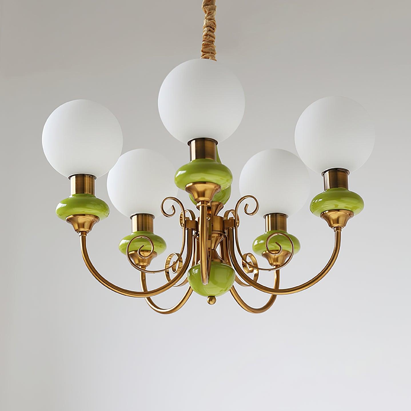 Lustra Chandelier Green Shades Gold Curved Arms - Letslighting