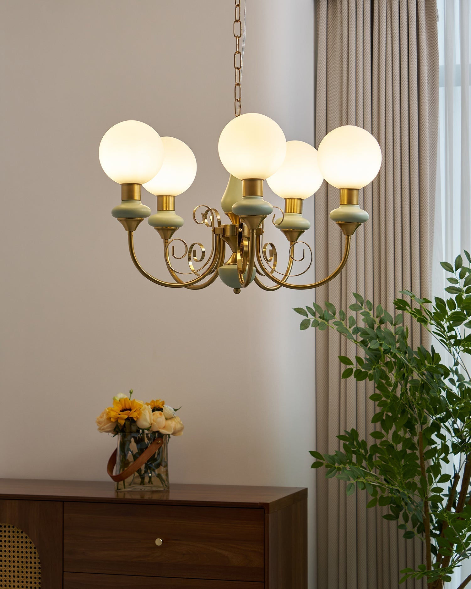 Lustra Chandelier Green Shades Gold Curved Arms - Letslighting