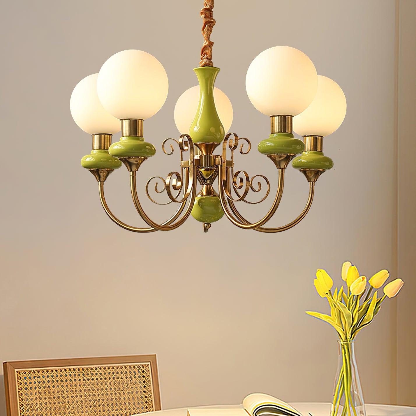 Lustra Chandelier Green Shades Gold Curved Arms - Letslighting