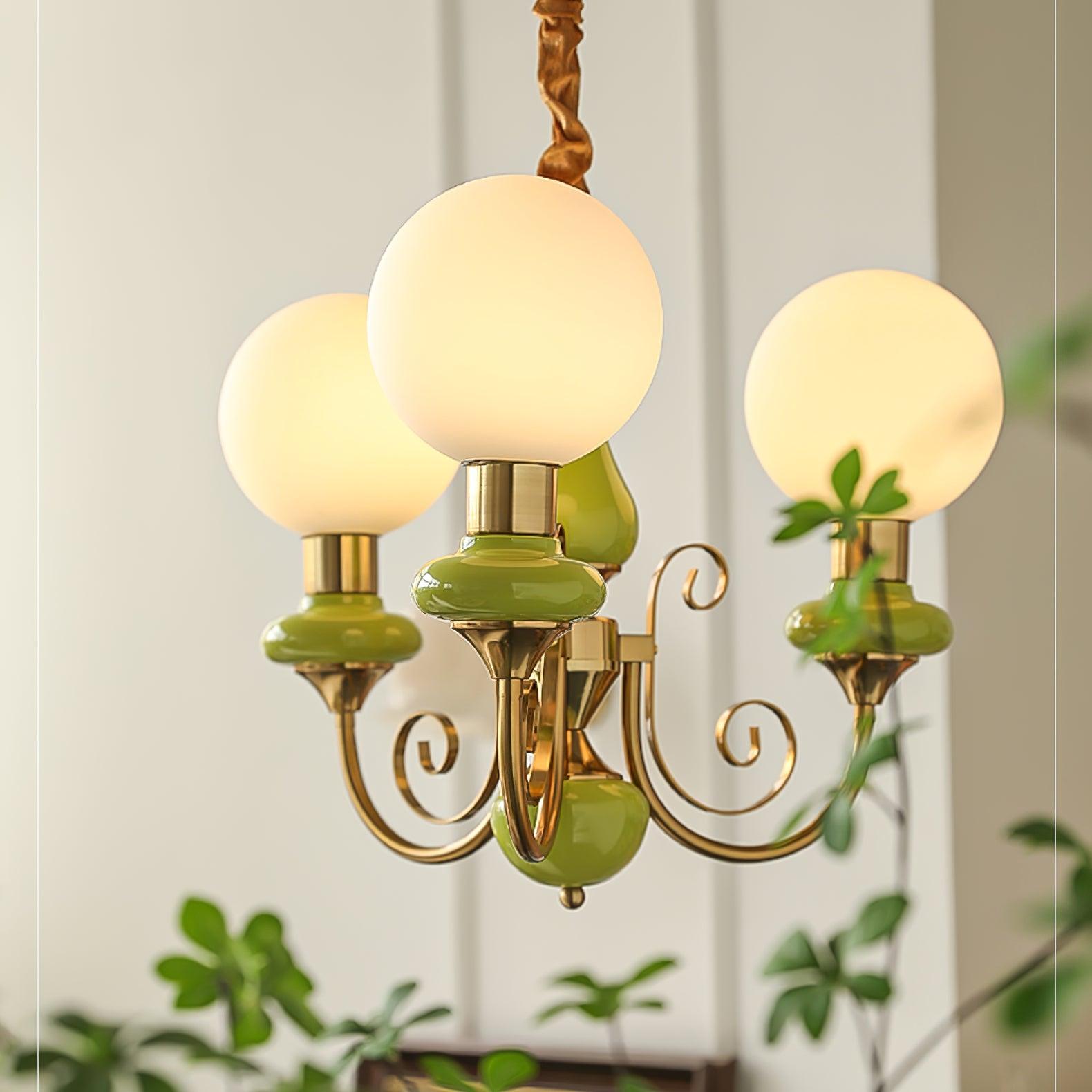 Lustra Chandelier Green Shades Gold Curved Arms - Letslighting
