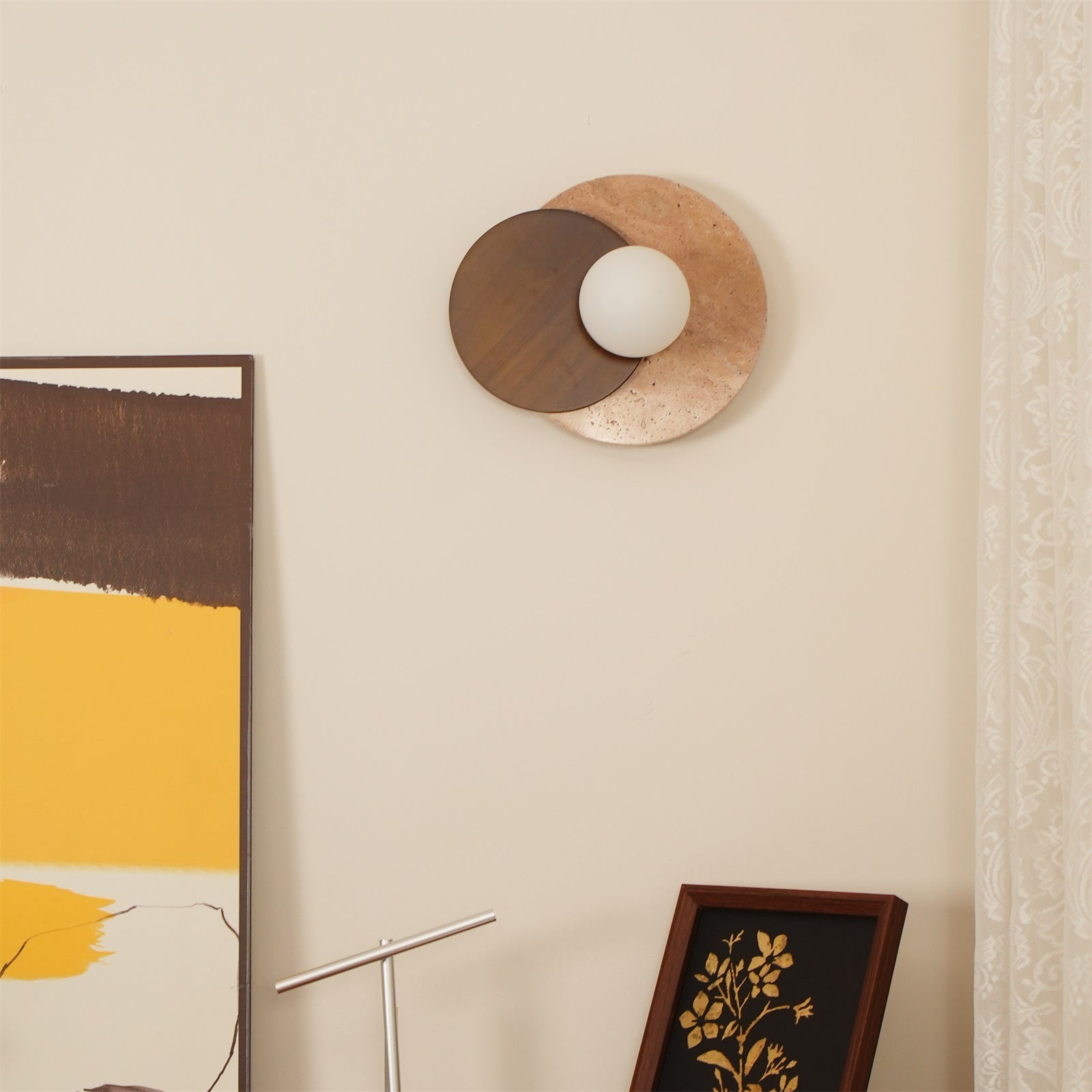 Virelli Applique Murale Disques Superposés en Travertin Bois de Noyer Scandinave - Neutralighting