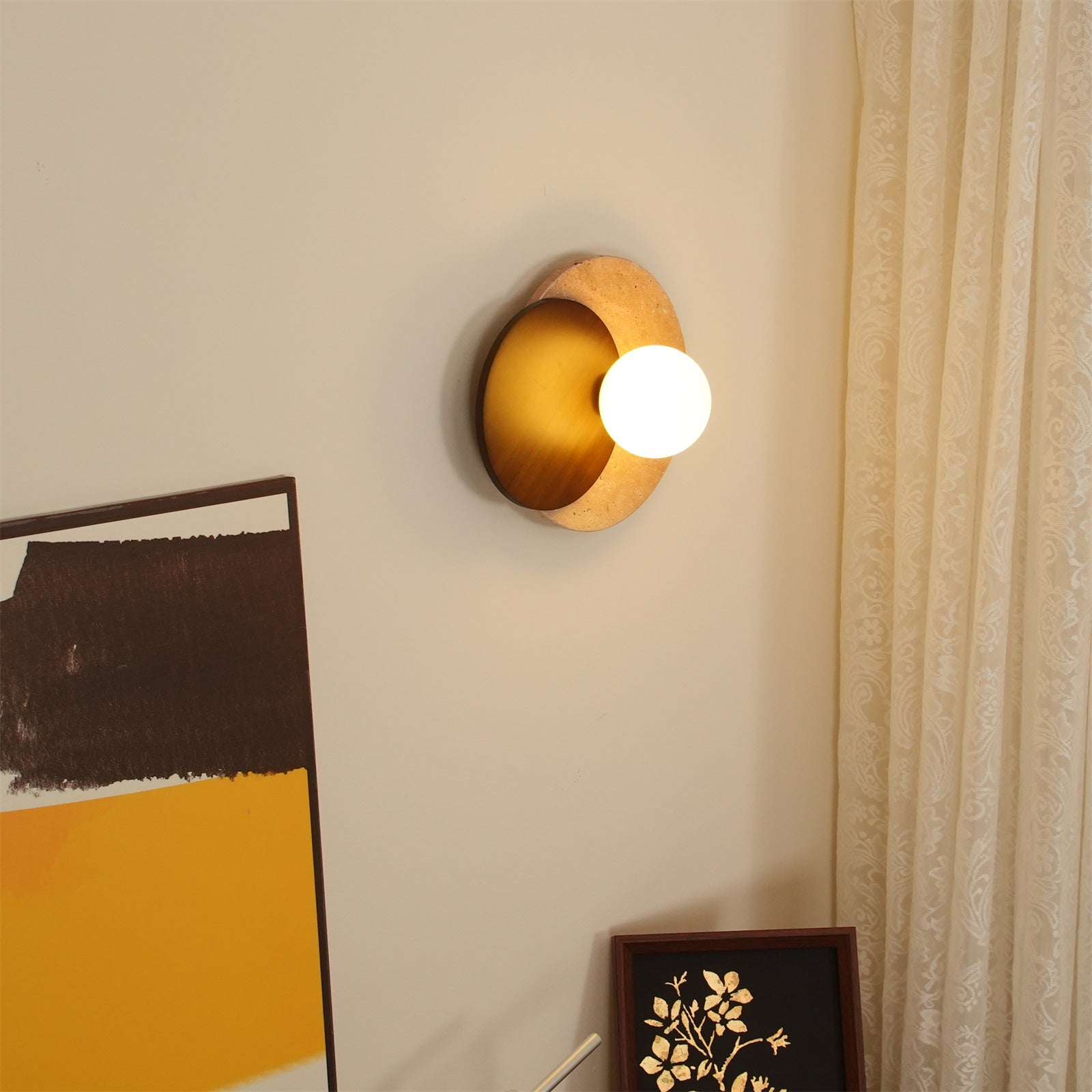 Virelli Applique Murale Disques Superposés en Travertin Bois de Noyer Scandinave - Neutralighting