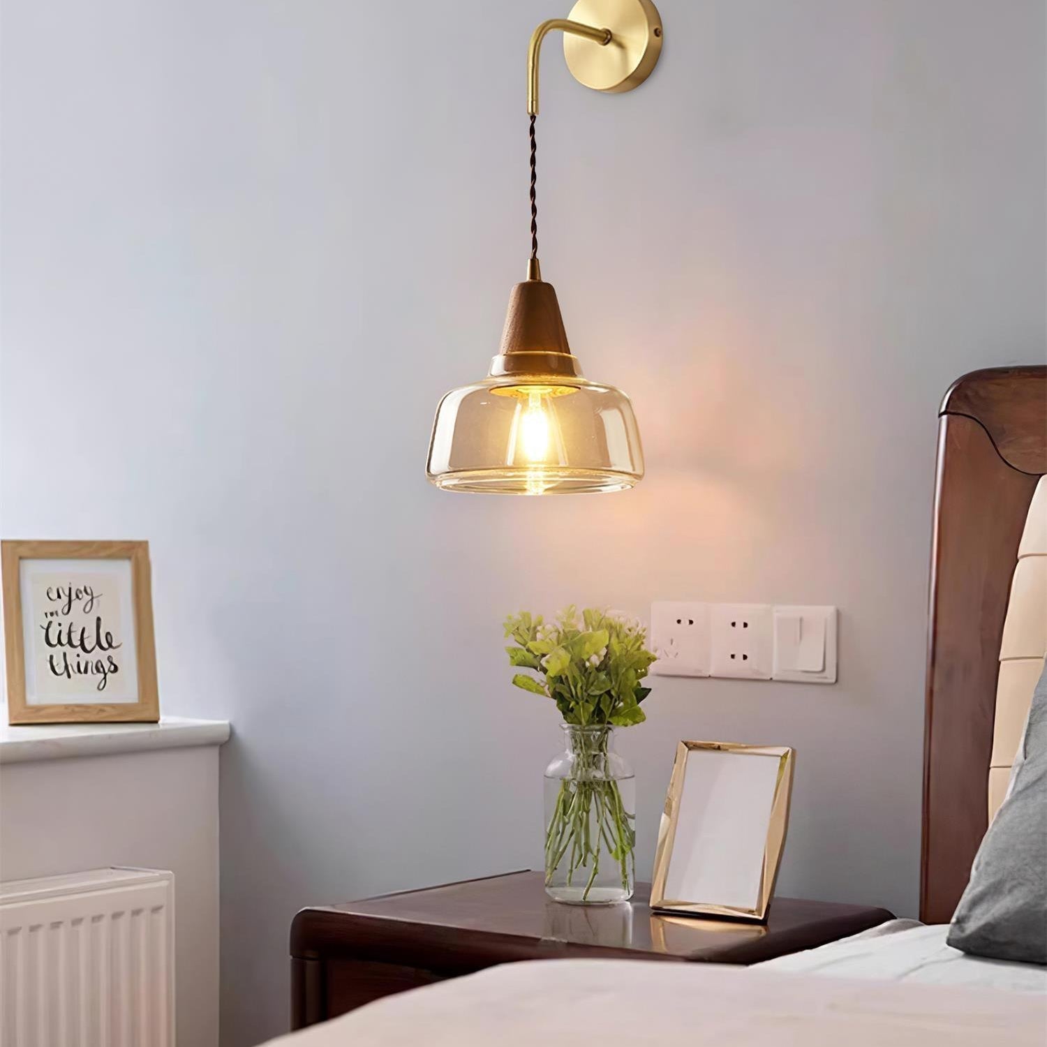 Wall Lamp Amber Glass Shade Tapered Walnut Accent Soft Glow Modern - Letslighting