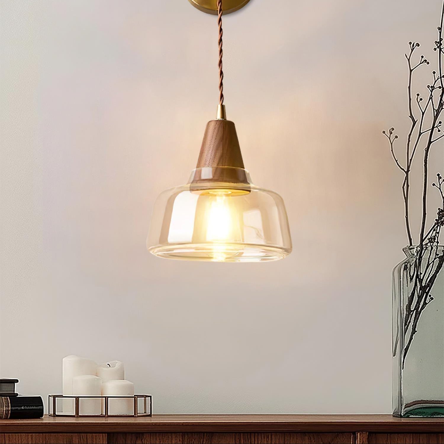 Wall Lamp Amber Glass Shade Tapered Walnut Accent Soft Glow Modern - Letslighting