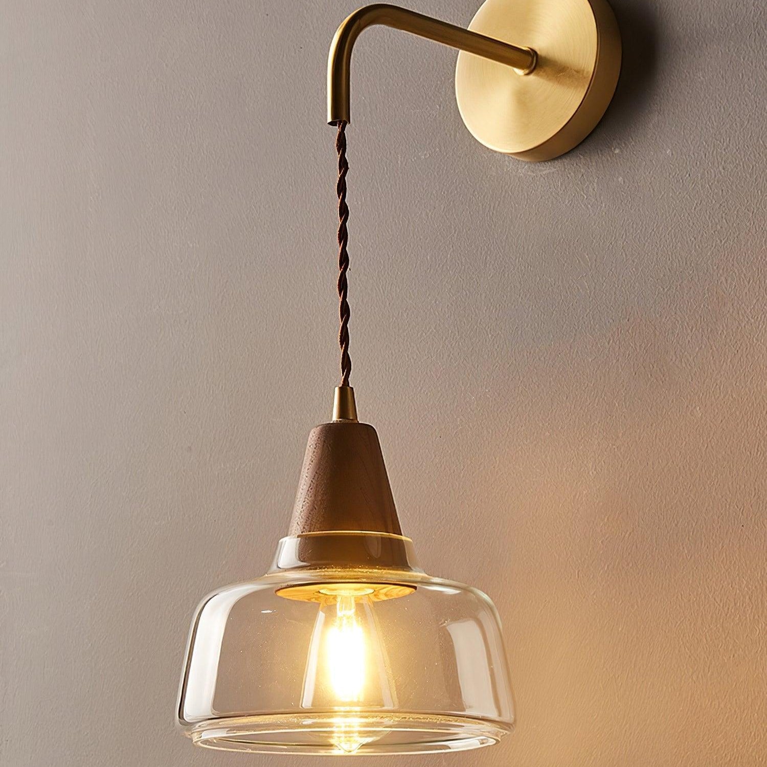Wall Lamp Amber Glass Shade Tapered Walnut Accent Soft Glow Modern - Letslighting