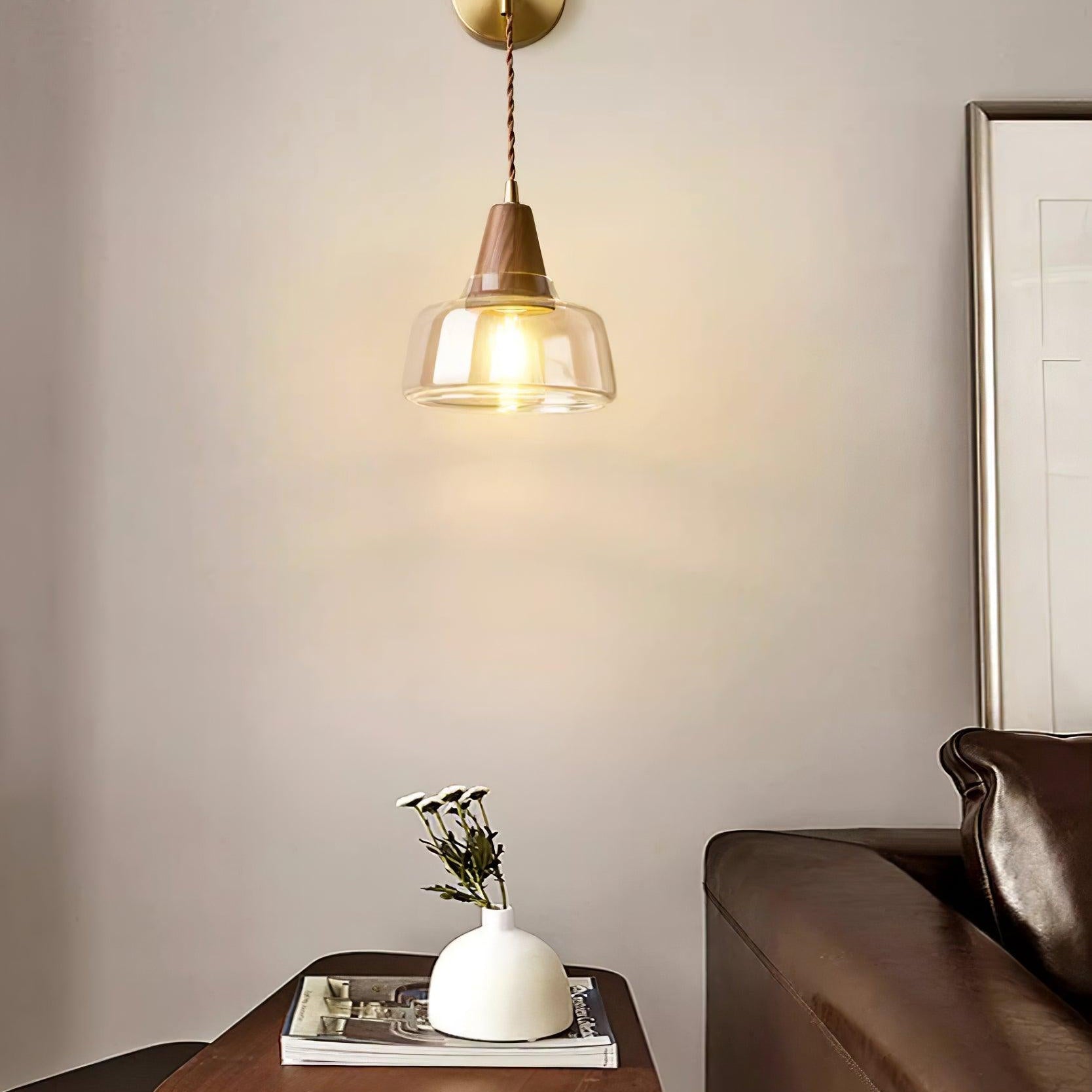 Wall Lamp Amber Glass Shade Tapered Walnut Accent Soft Glow Modern - Letslighting