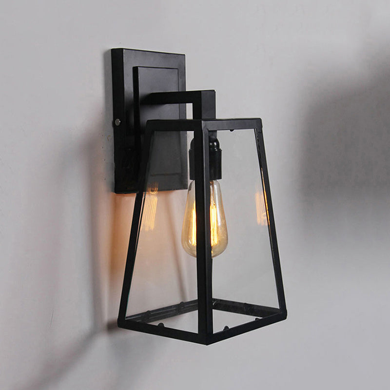 Austin Retro Black Industrial Lantern Wall Lamp, Metal & Glass