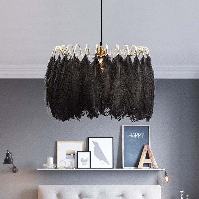 O'Moore Elegant Feather Pendant Light, Black/White, Bedroom/Living Room