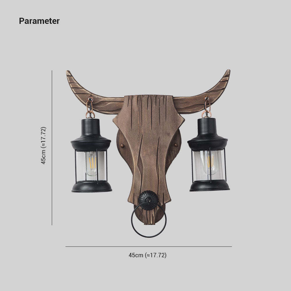 Austin Wall Lamp Bull Shape Vintage, 2 Heads Wood/Metal, Bedroom