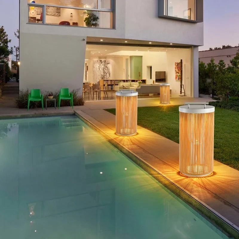 Ray Retro Metal/Rattan Floor Lamp, Hardwired/Solar/LED, Outdoor